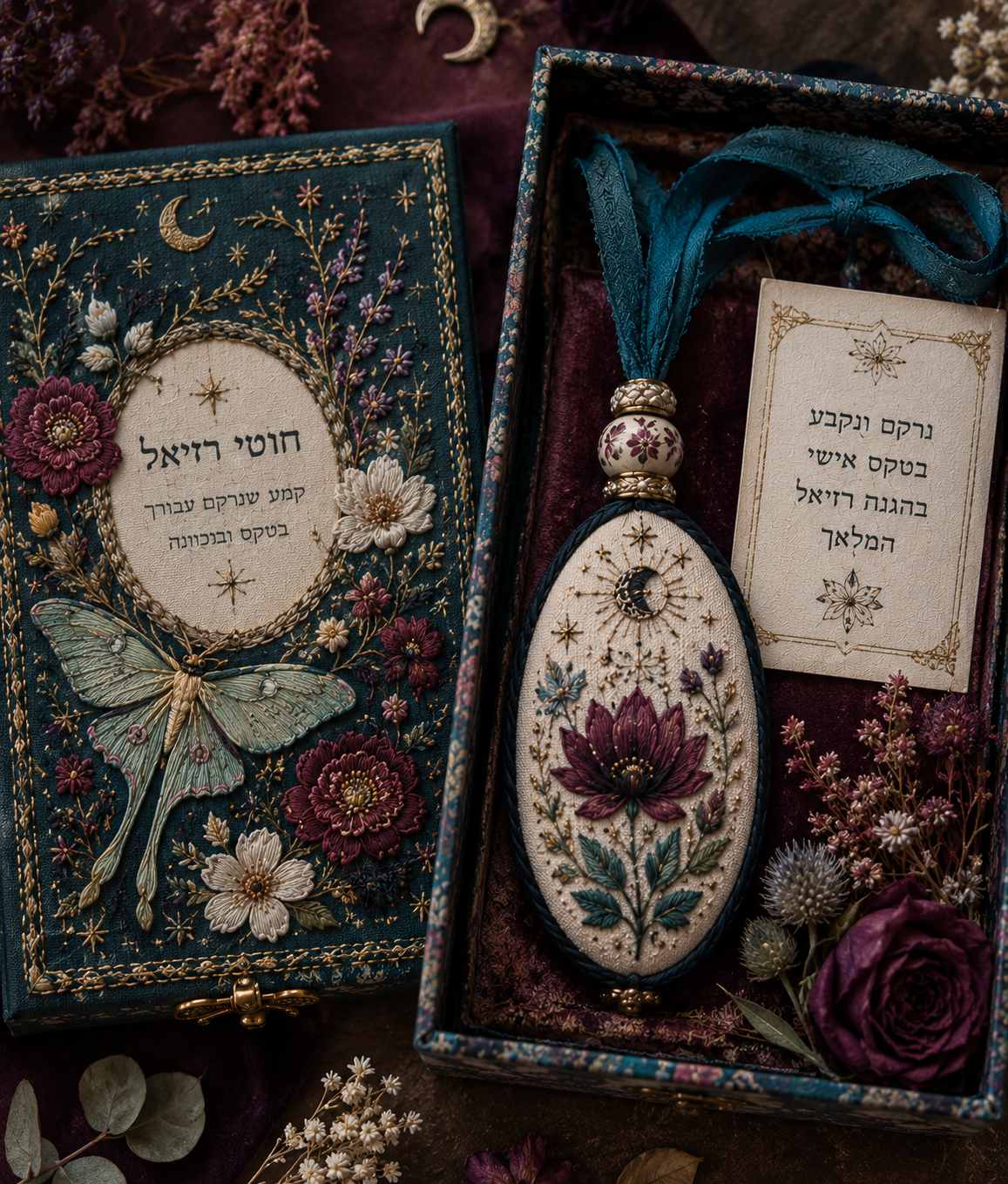קמע מיסטי מוזהב על קטיפה